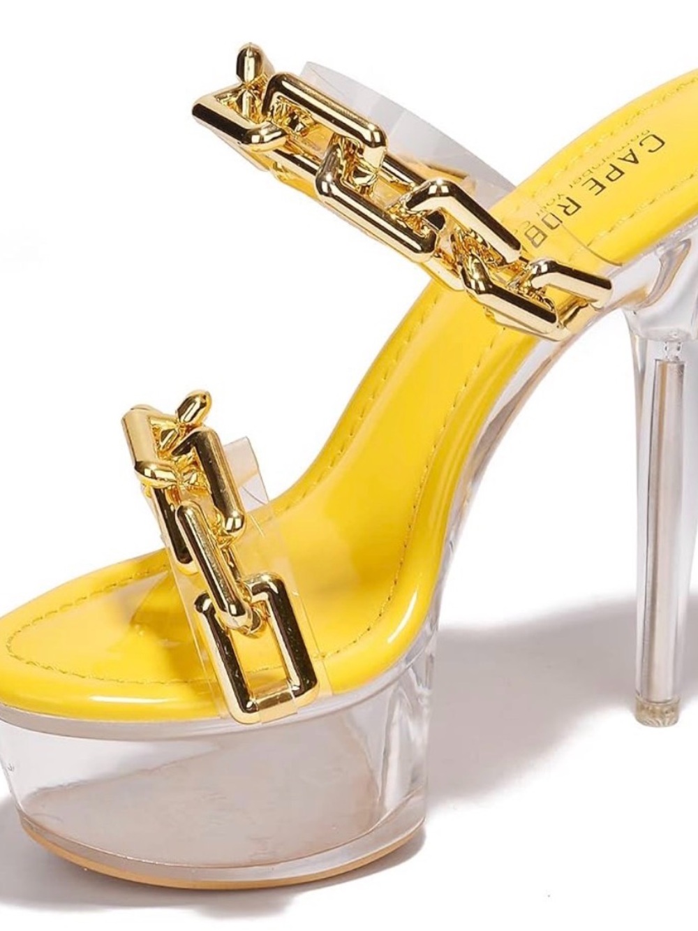 Cape Robbin Yellow Clear Platform Sandals with Gold Chain Trim